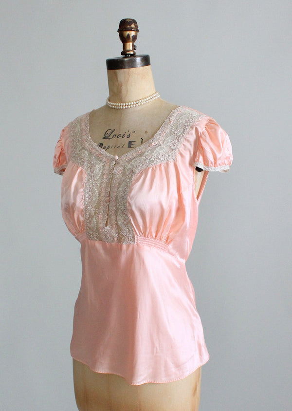 Vintage 1930s Peach Satin and Lace PJ Top - Raleigh Vintage