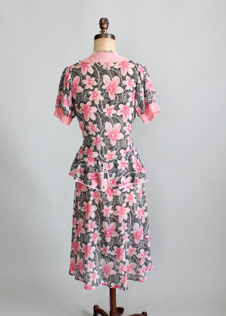 Vintage 1930s Pink and Black Floral Peplum Dress - Raleigh Vintage