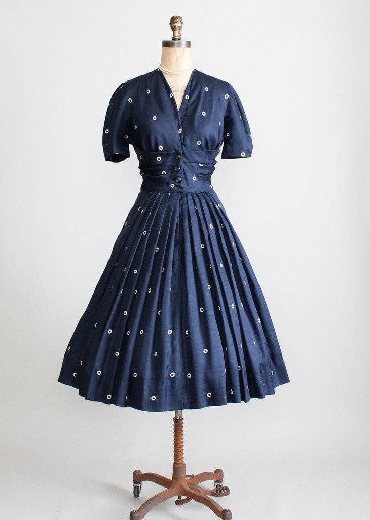 Vintage 1950s Navy Silk Dot Luncheon Dress | Raleigh Vintage