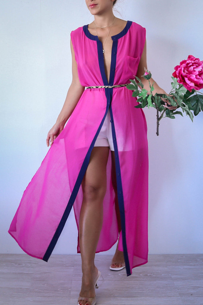 Pink and Navy Sheer Duster Cover Up Maxi Dress