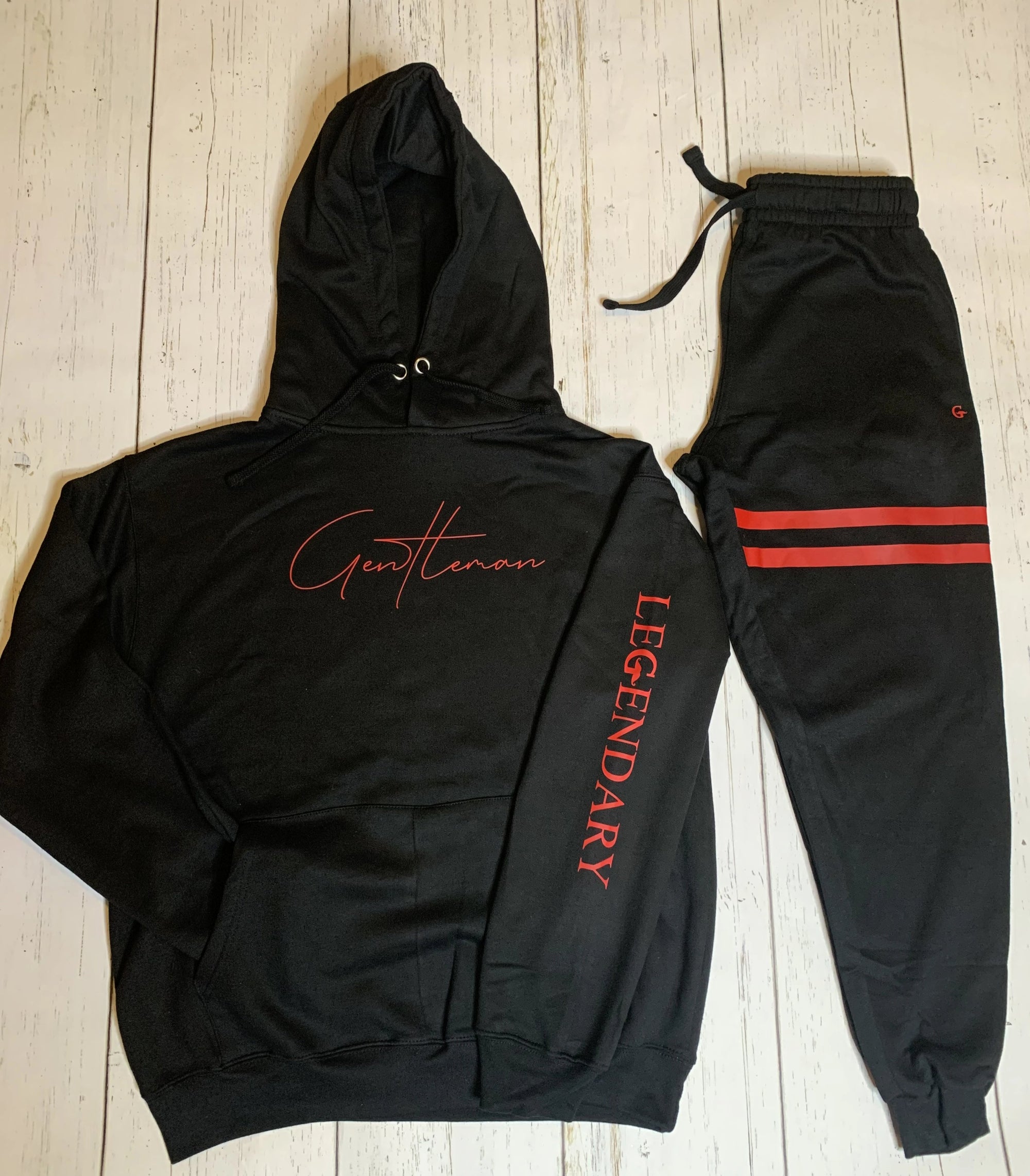 black and red sweatsuit