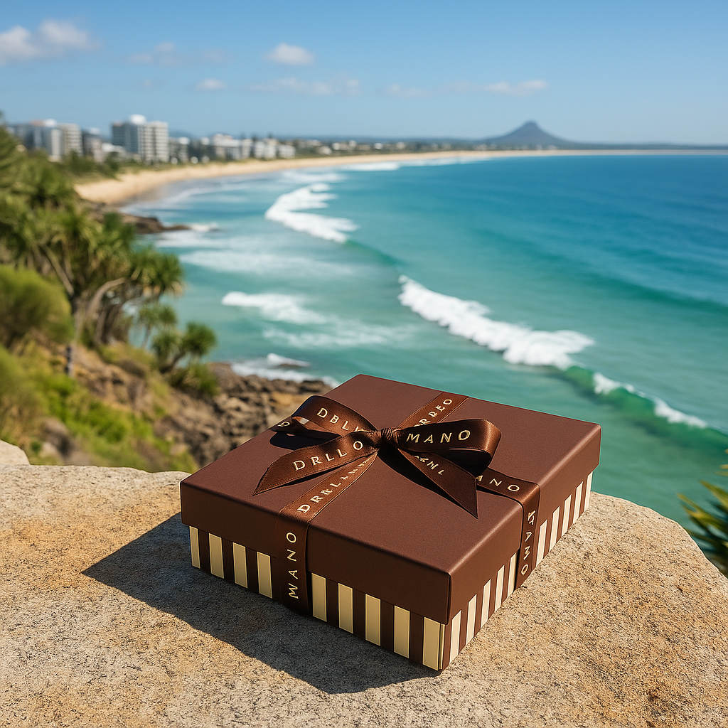 Dello Mano luxury brownie gift box with ribbon placed on a stone ledge overlooking the Sunshine Coast coastline at Noosa, with ocean waves, sandy beach