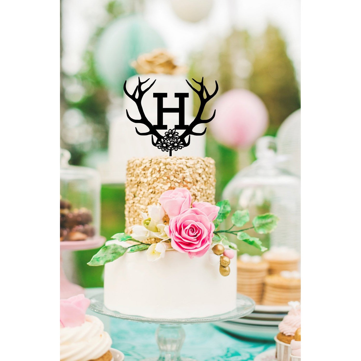 Antlers And Flowers Monogram Wedding Cake Topper With Your Initial