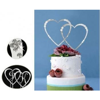 Monogram Silver Rhinestone Double Hearts Wedding Cake Topper With