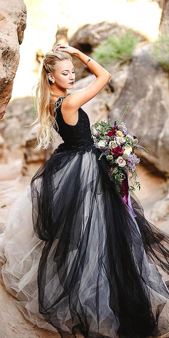 black and white wedding dress with black over white tulle