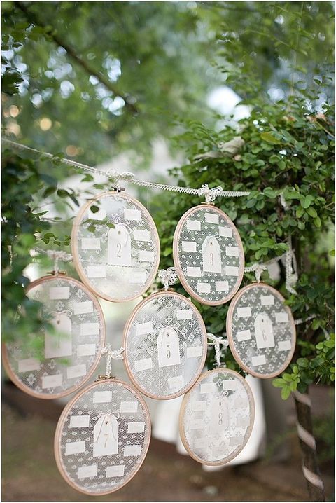 Even if you don’t like embroidering, you can still take embroidery hoops and use them for cool wedding decor. Attach lace to them and hang...