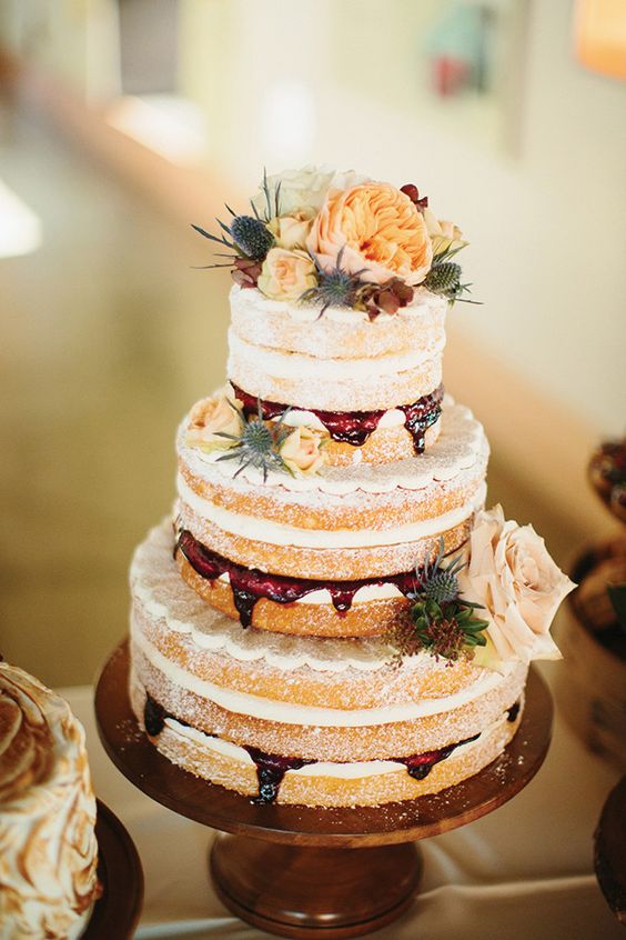 Naked Wedding Cake With Fall Blooms II