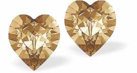 Austrian Crystal Heart Stud Earrings in Golden Shadow, Available in Two Sizes with Sterling Silver Earwires