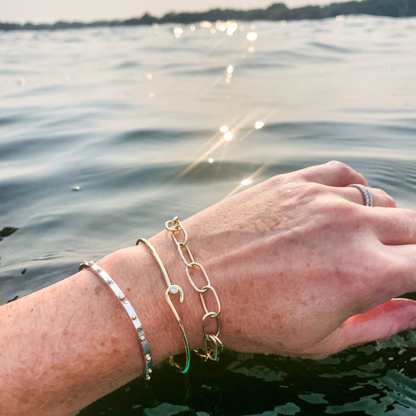 Turquoise Ball and Hook Bangle Bracelet in Silver and 14K Yellow