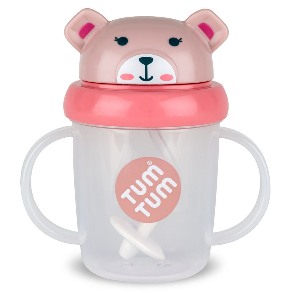 Weighted Ball Sippy Cups for Toddlers 300ml Leakproof PP Water Bottle with Handle and Straw (No FDA Certification, BPA Free) - Light Pink / Bear