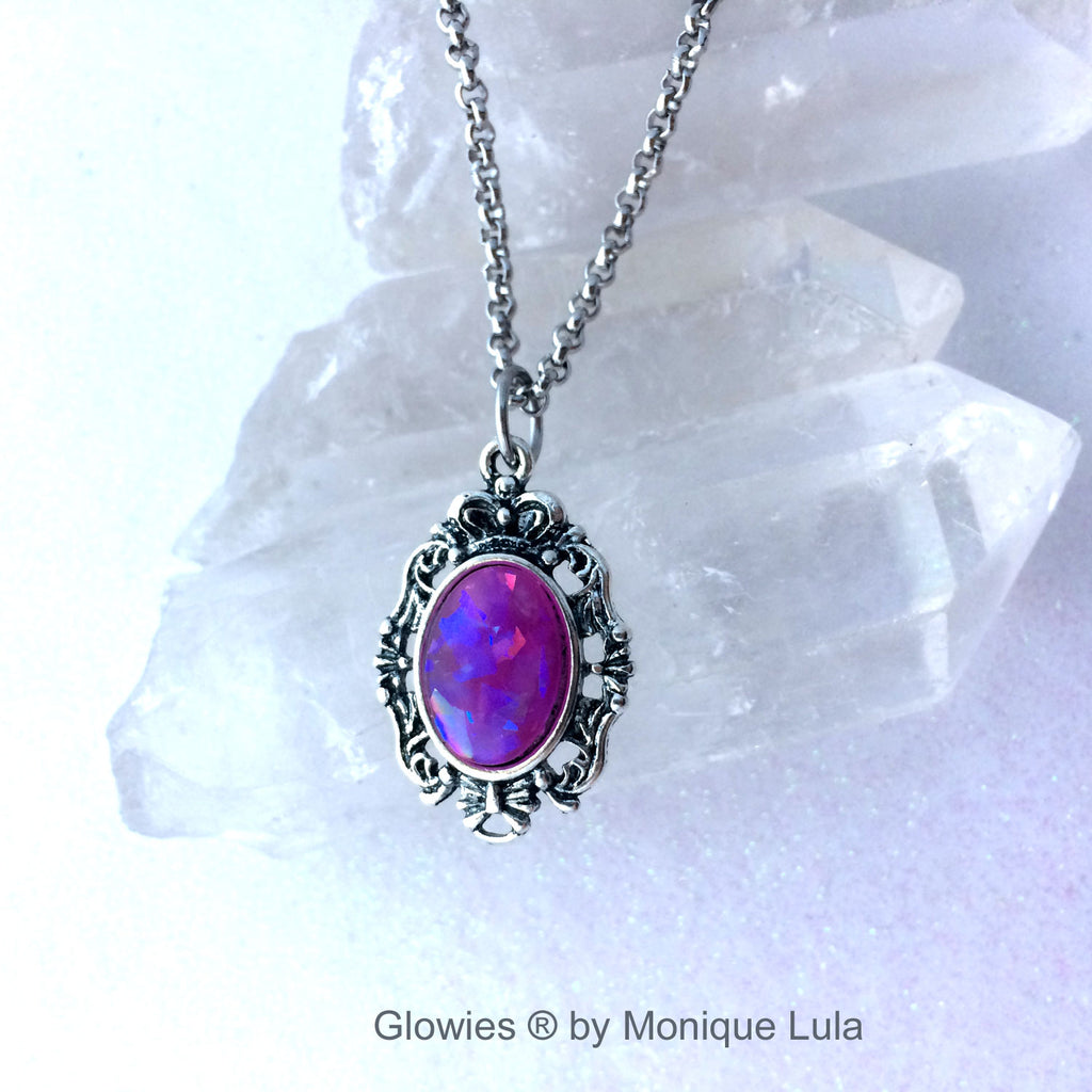 Glowies Glow Jewelry - Antiqued Silver Glowing Purple Opal Oval Necklace