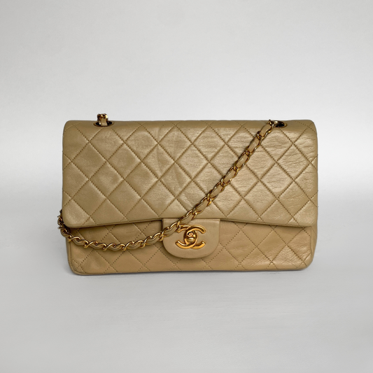 Chanel Medium Classic Double Flap Bag Beige Lambskin Silver Hardware
