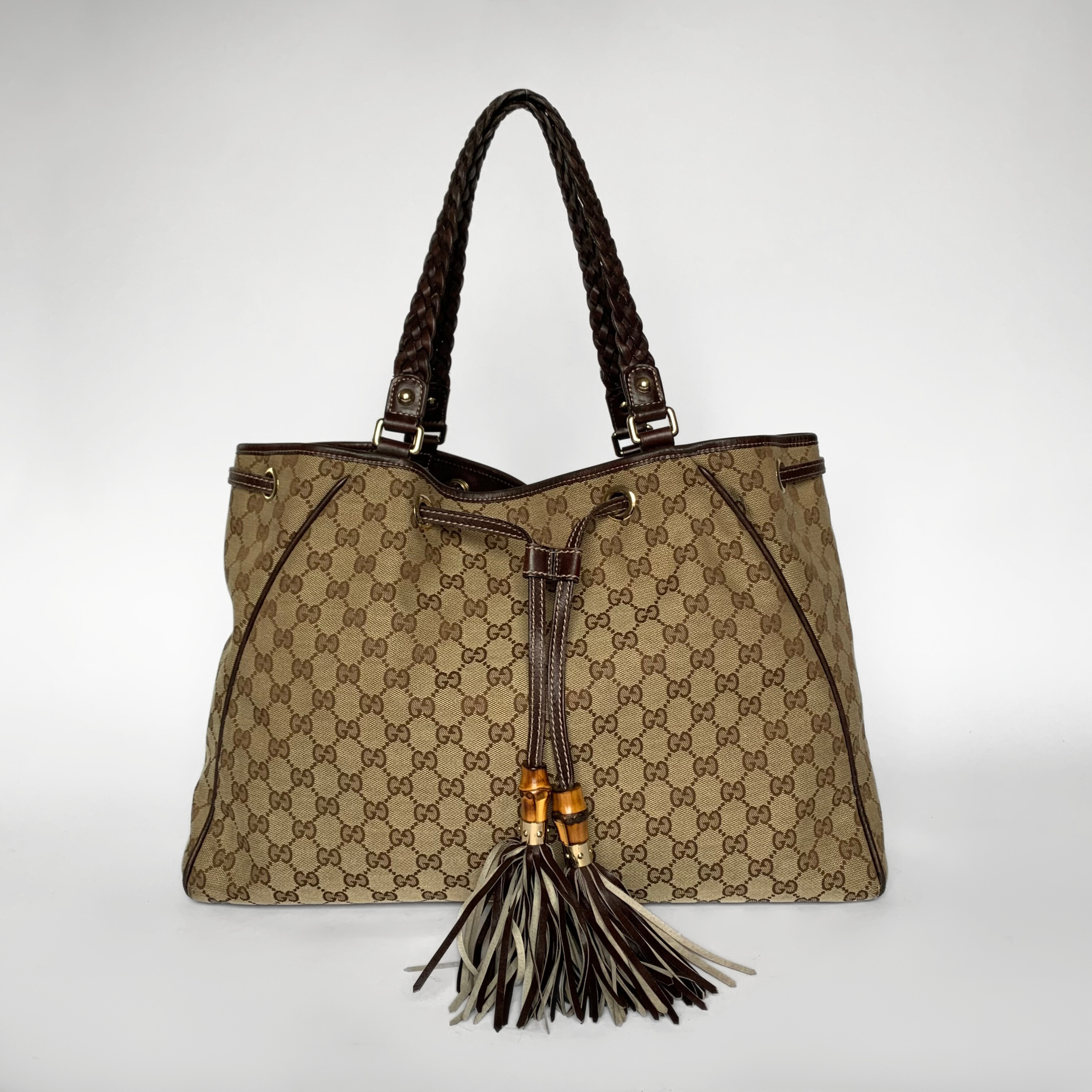 Gucci Brown Leather Braided Handle Tassel Tote Bag