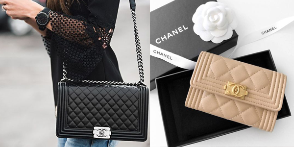 Een zwarte Chanel boy bag en een roze Chanel jongen portemonnee