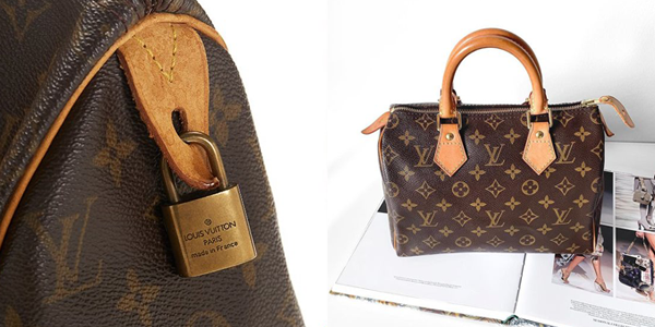 Louis Vuitton Speedy med lås, nærbilde av vesken og lås