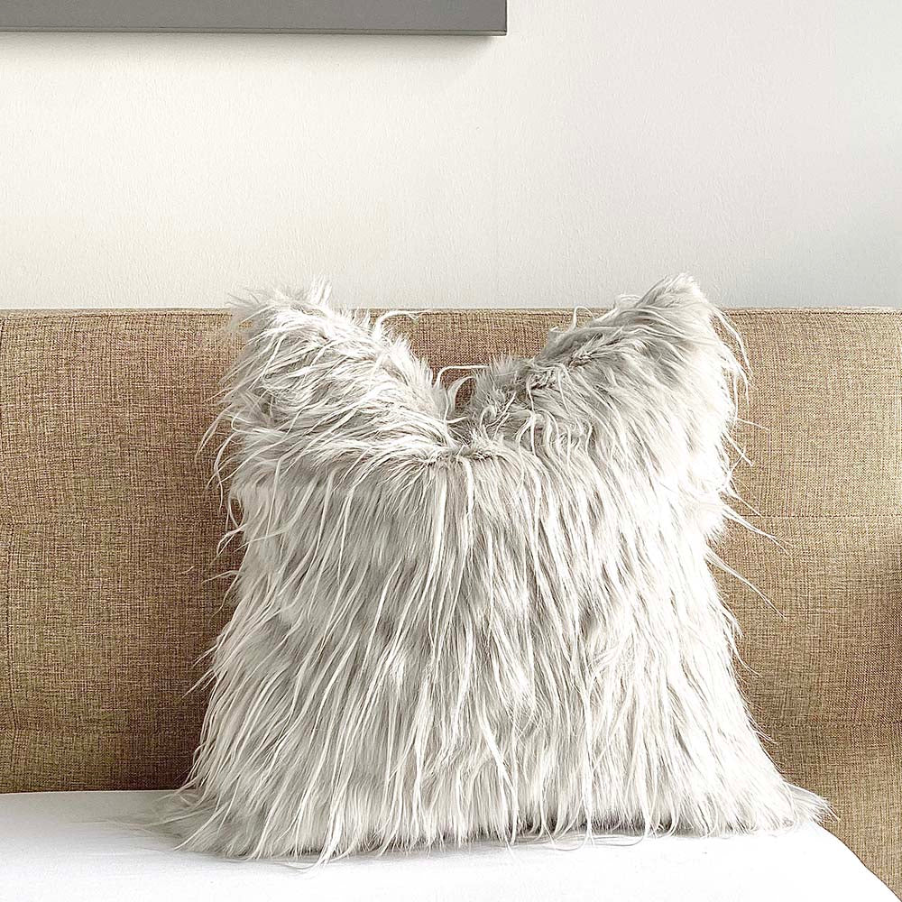 white mongolian fur lumbar pillow