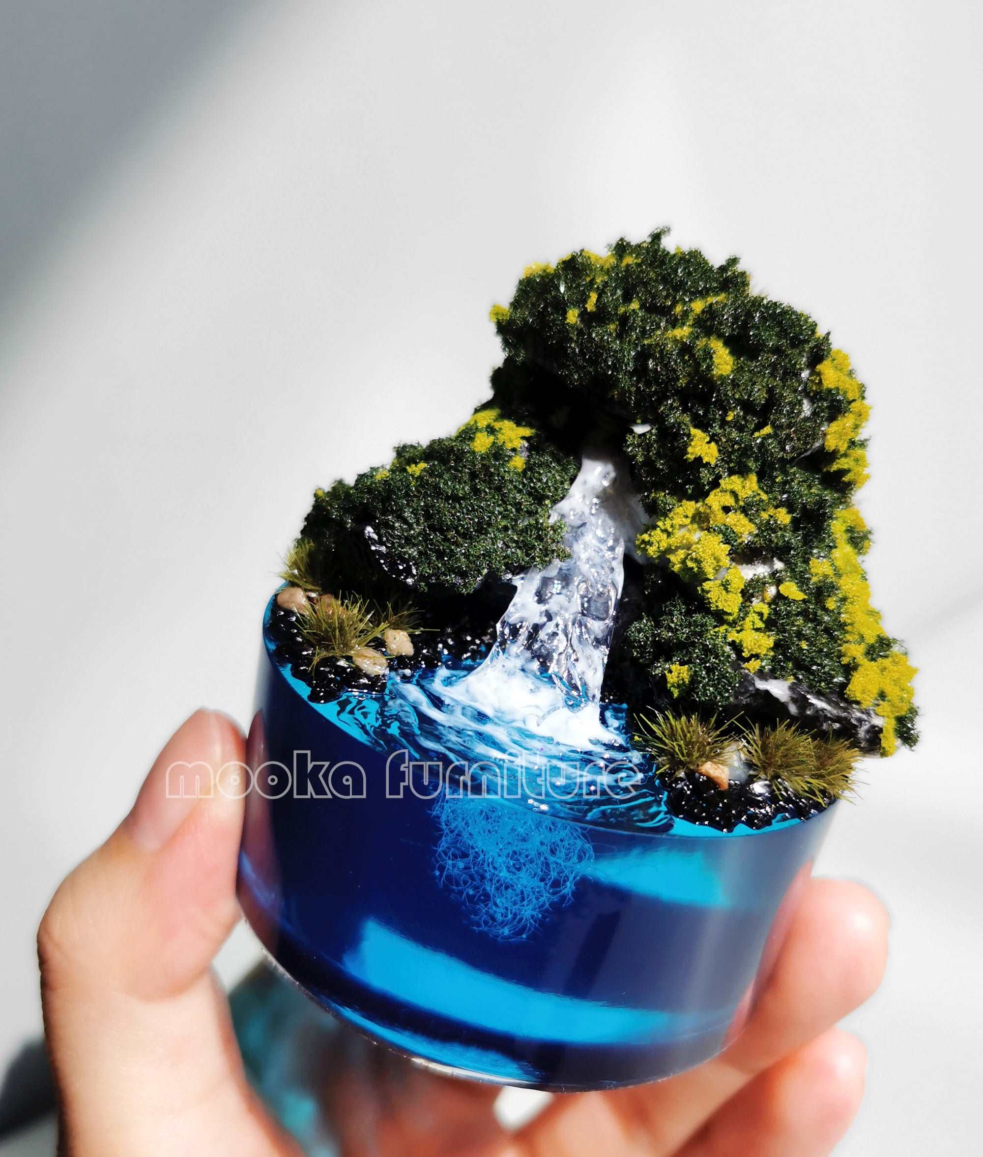  Desktop mini waterfall pool resin fountain by forest with light and glow in dark decoration home