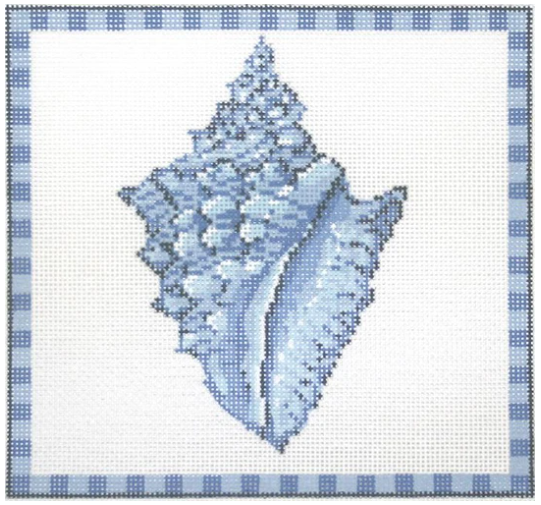 Kelly Clark blue and white needlepoint canvas of a conch shell with a striped border