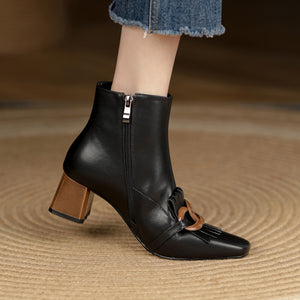 Elena Square Toe Ankle Boots with Chain