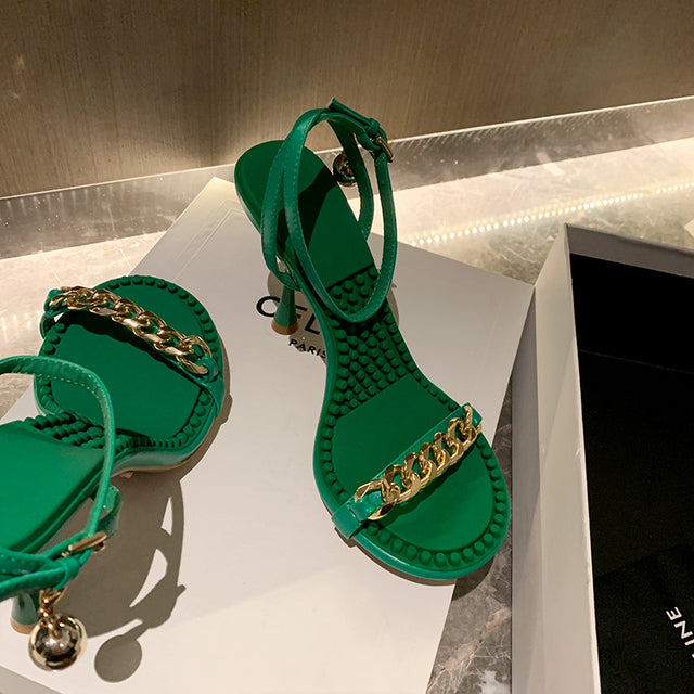 Green Sandals Heels with Gold Chain - FY Zoe