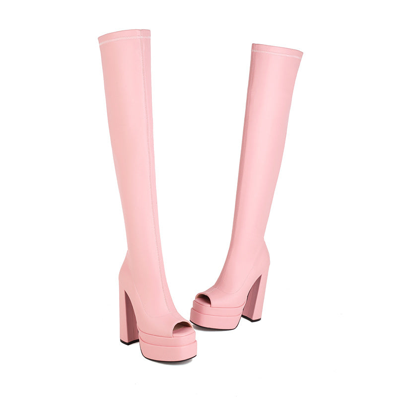 Open Toe Thigh High Boots | Pink Thigh High Boots- FY Zoe