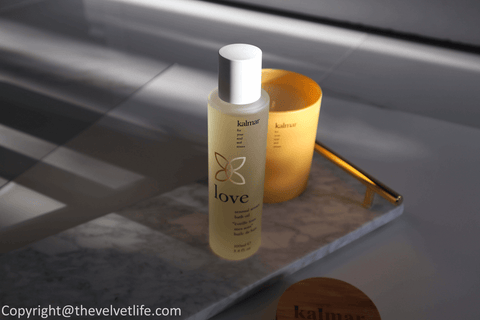 Kalmar products review Peace Balm of Serenity, Love Sensual Senses Bath Oil, Calm Soothing Body Cream, and Joy Scented Candle ~ The Velvet Life Canada Kalosophie Luxury Beauty Distributor