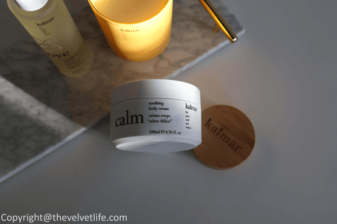 Kalmar products review Peace Balm of Serenity, Love Sensual Senses Bath Oil, Calm Soothing Body Cream, and Joy Scented Candle ~ The Velvet Life Kalosophie Luxury Beauty Distributor Canada