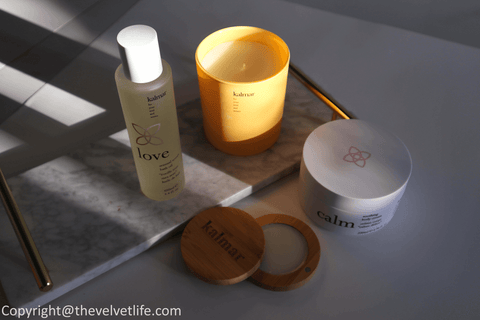 Kalmar products review Peace Balm of Serenity, Love Sensual Senses Bath Oil, Calm Soothing Body Cream, and Joy Scented Candle ~ The Velvet Life X Kalosophie Luxury Beauty Distribution Canada