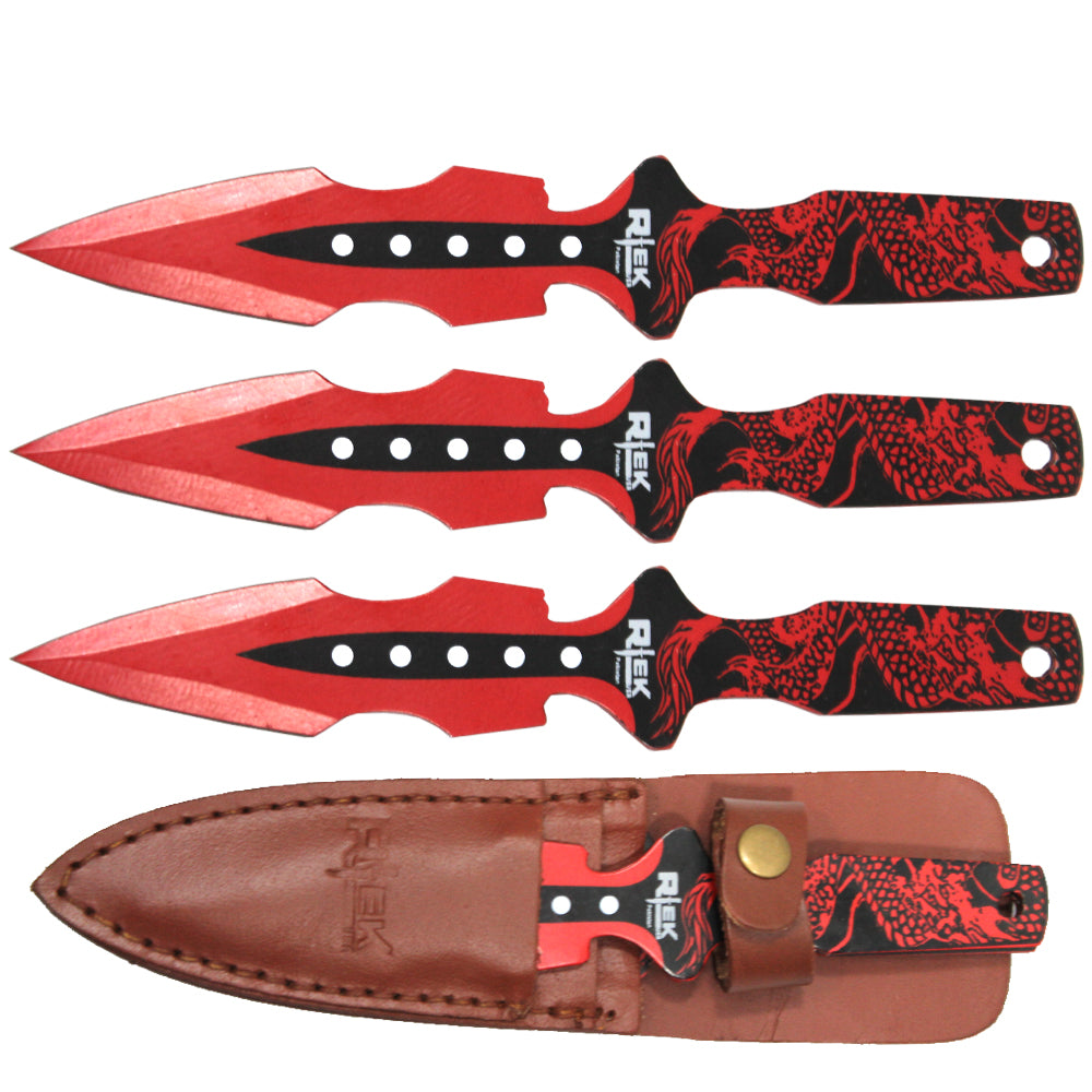 Tk 090 Lp38dr 8 Red Dragon Print Throwing Knife Set With Leather Shea Rex Distributor Inc Wholesale Licensed Products And T Shirts Sporting Goods