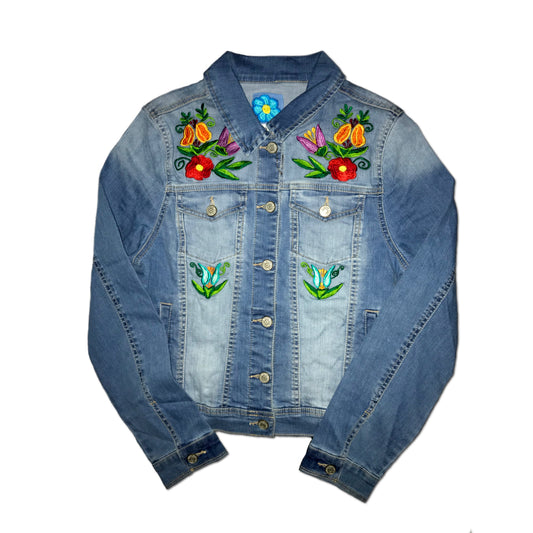 Green Denim Floral Denim Jacket - Quillattire