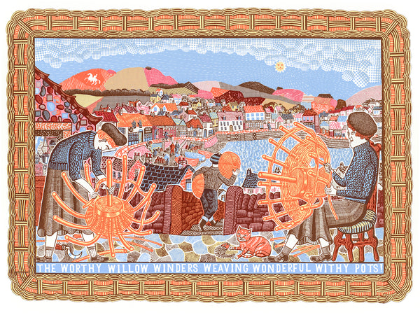 John Broadley's screen print depicts two women weaving lobster pots on the quayside of a fishing village