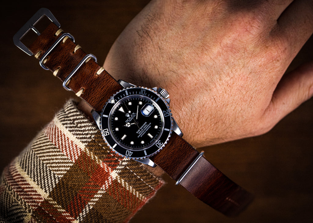 Distressed brown leather nato strap by JPM on a Rolex Submariner