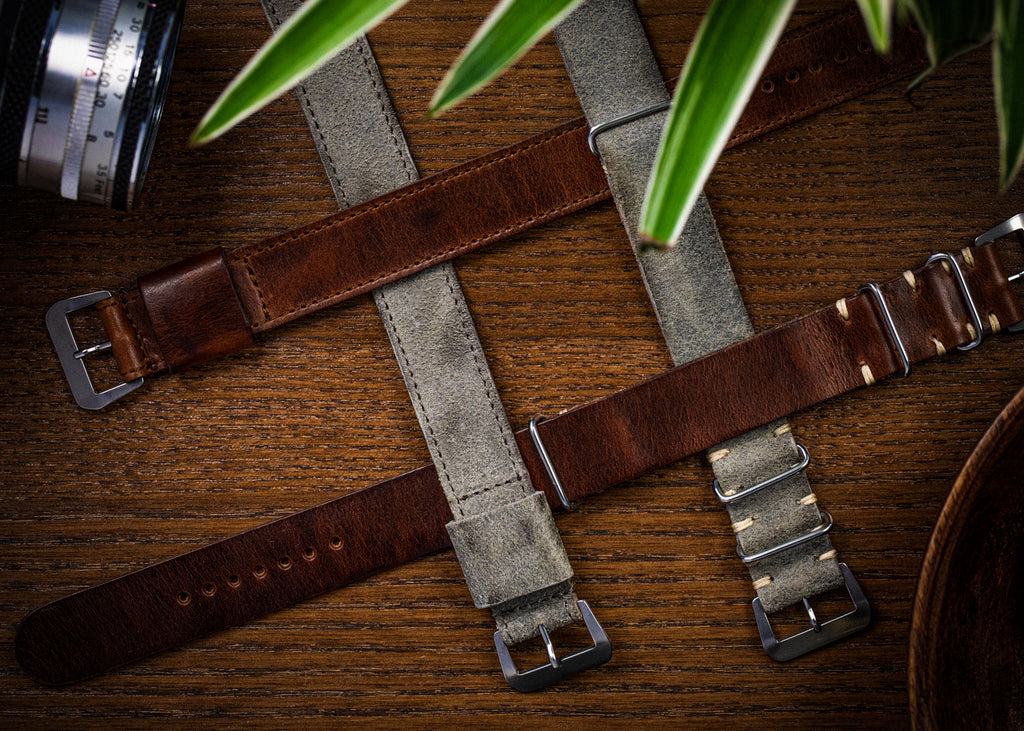 Leather nato watch straps in tasso grey and distressed brown by JPM