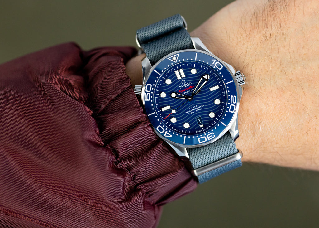 Wristshot with Blue Omega Seamaster and Premium Grey nato strap