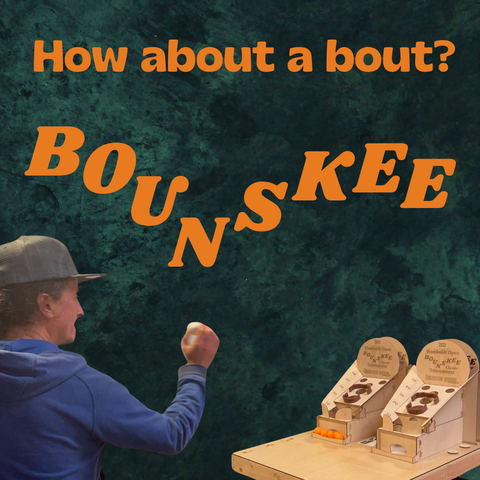 Bounskee player and two tabletop Bounskeee games.