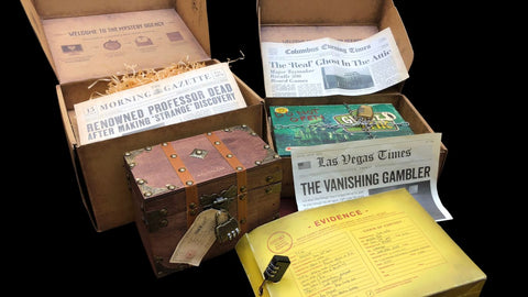 Mystery Agent escape room boxes showing game parts