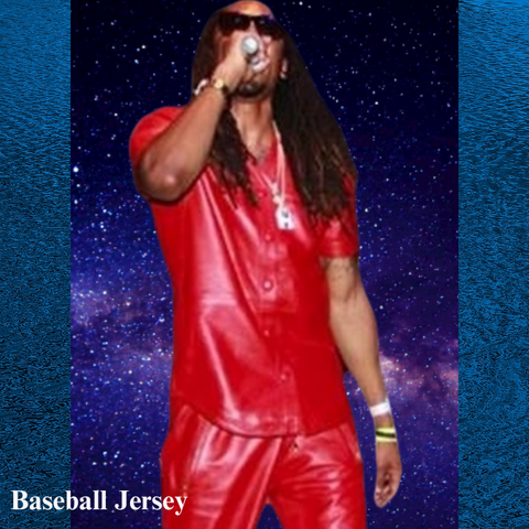 Picture of Dreamer Chris wearing our red leather baseball jersey at a concert