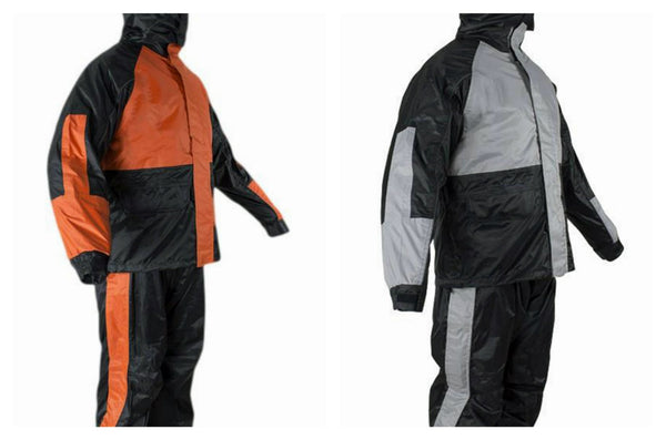 CD D C Mens 2 Piece Black & Orange or Gray Biker Motorcycle Hooded Rain Suits