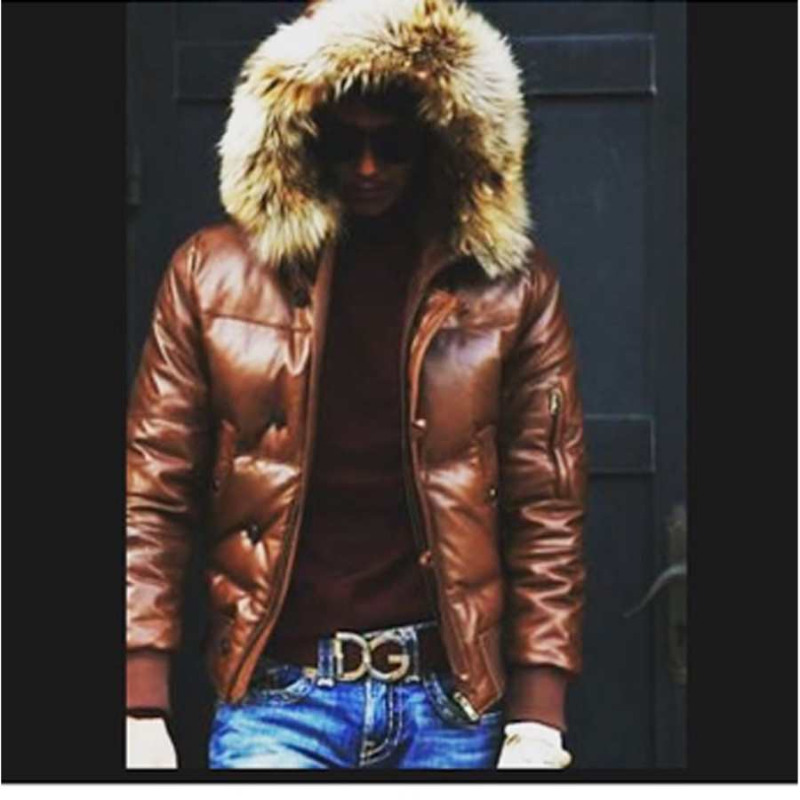 Mens Leather Puffer Bomber Jacket with Hood Real Fur Trim ...
