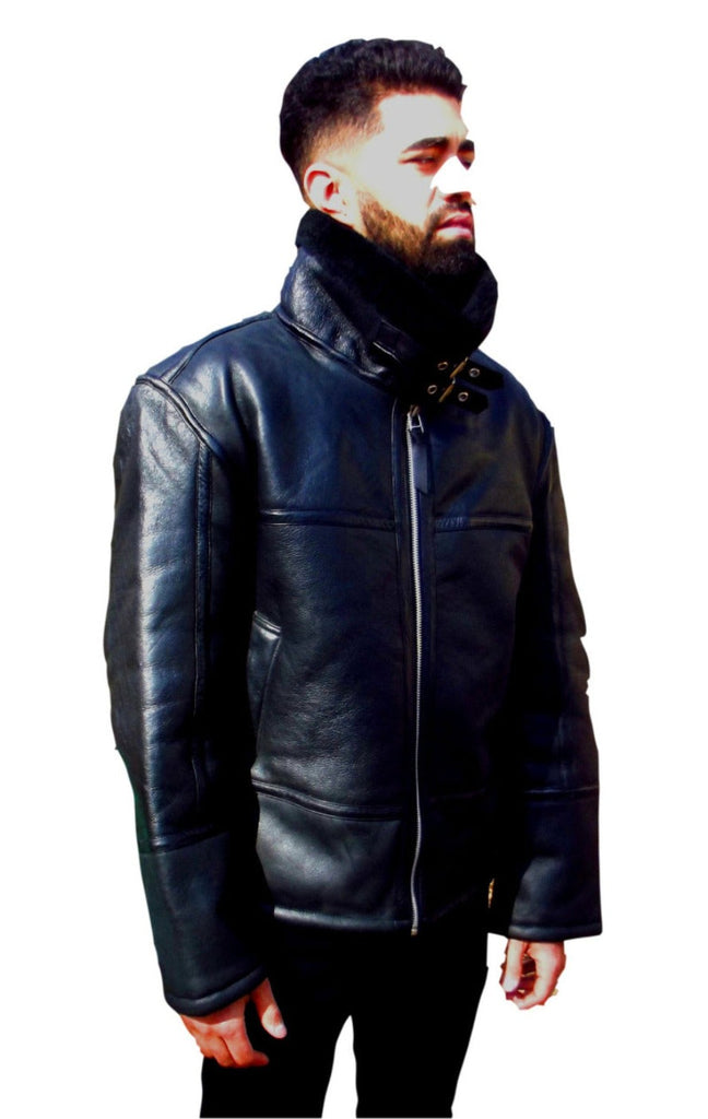 Mens Leather Jacket Black Shearling Sheepskin Bomber Jacket by CD D C