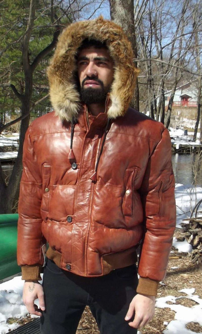 Mens Leather Puffer Bomber Jacket with Hood Real Fur Trim ...