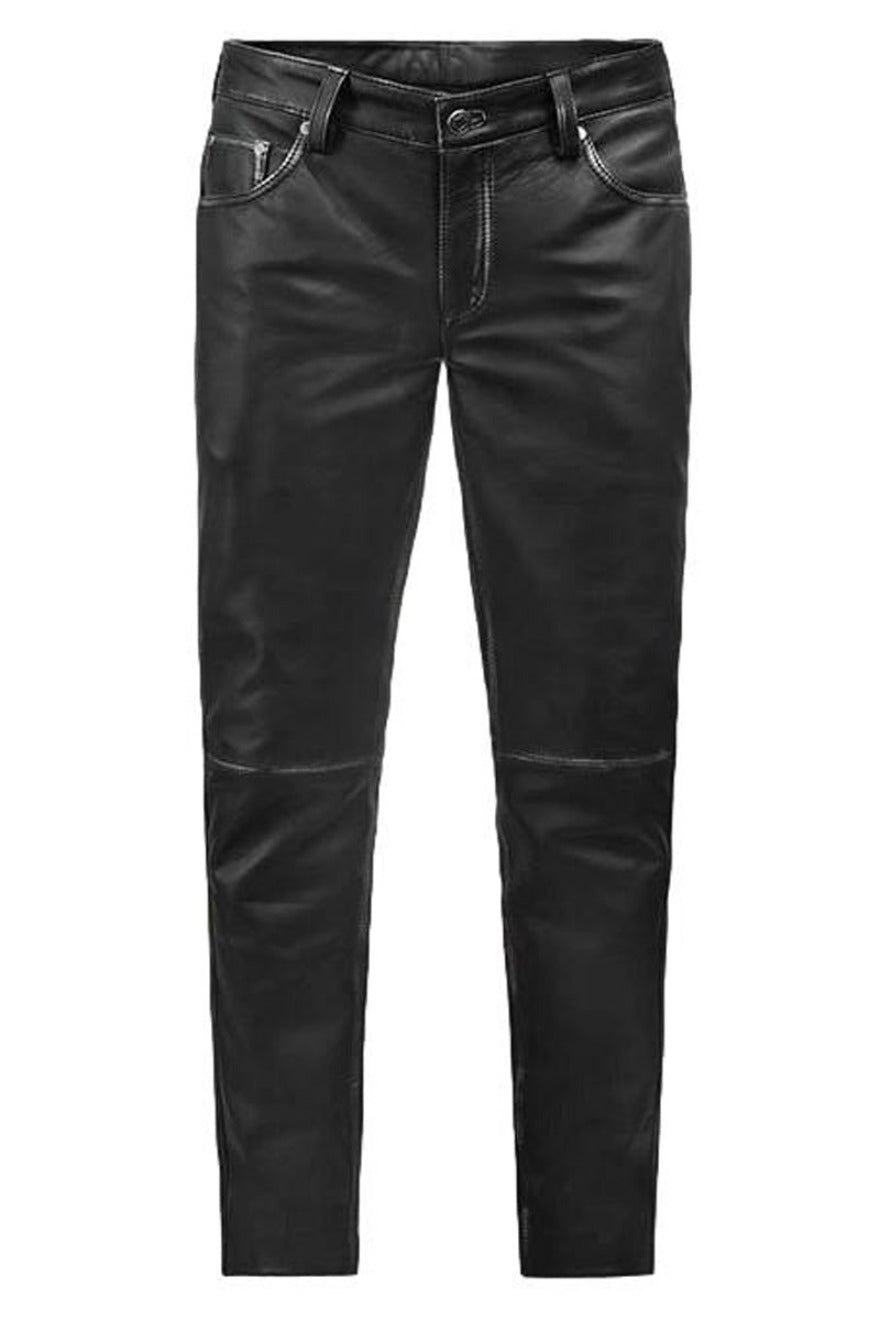 Mens Leather Jeans 5 Pocket Style Leather Pants Black Rubbed ...