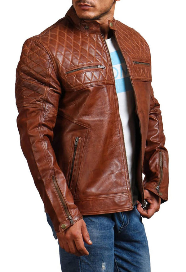 Mens Cafe Racer Leather Jacket Quilted Nappa Sheepskin- ChersDelights ...