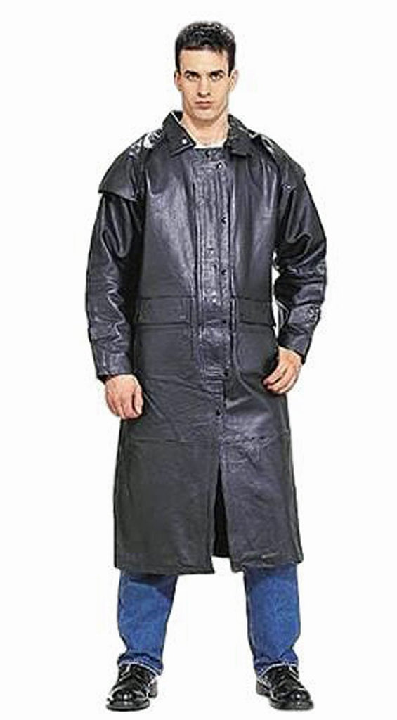 Mens Genuine Leather Biker Motorcycle Black Duster Coat Leg Strap Cape ...