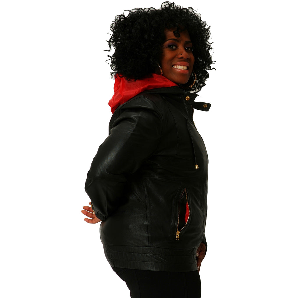 Womens Leather Jacket Black Hoodie Smooth Sheepskin Celebrity style
