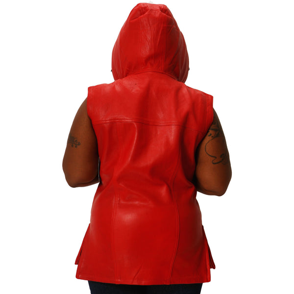 Womens red leather hooded tee back 1