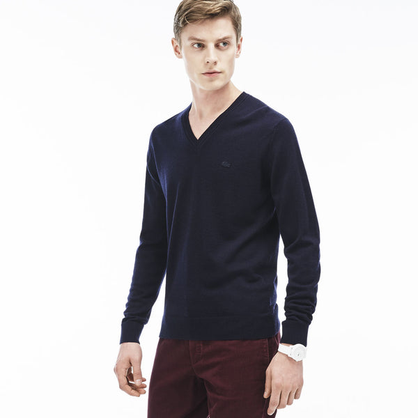 Lacoste Classic Wool Men's V-Neck Sweater in Navy Blue - Sportique