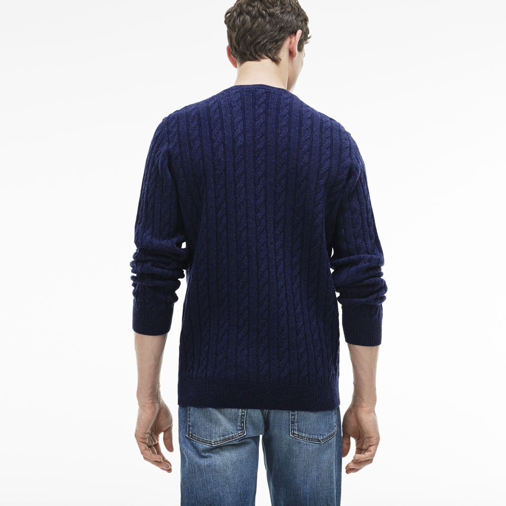 Lacoste Cable Knit Men's Wool Sweater in Midnight Chine - Sportique