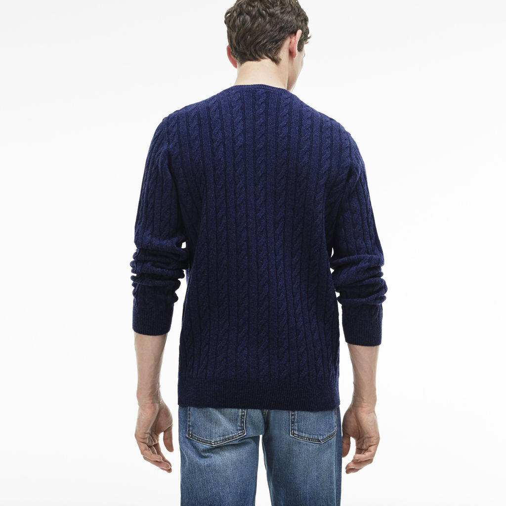 Lacoste Cable Knit Men's Wool Sweater in Midnight Blue Chine - Sportique