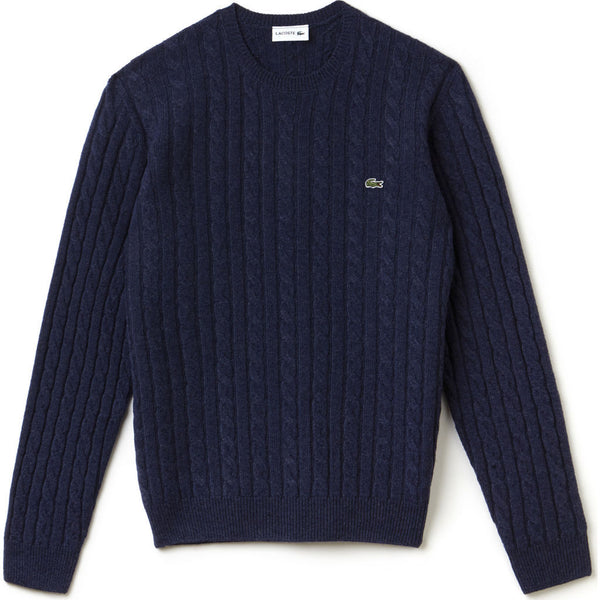 Lacoste Cable Knit Men's Wool Sweater in Midnight Blue Chine - Sportique